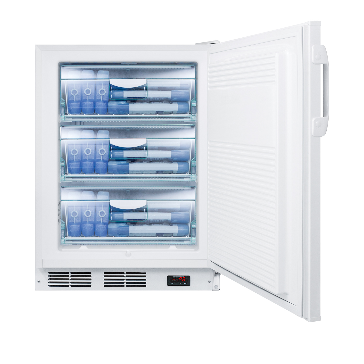 ADA compliant built-in general purpose undercounter medical all-freezer capable of -25 C operation, white with front lock